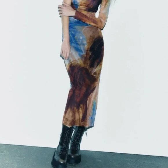 Zara Printed Tulle Skirt Midi Blue Brown Abstract Whimsy Goth Medium